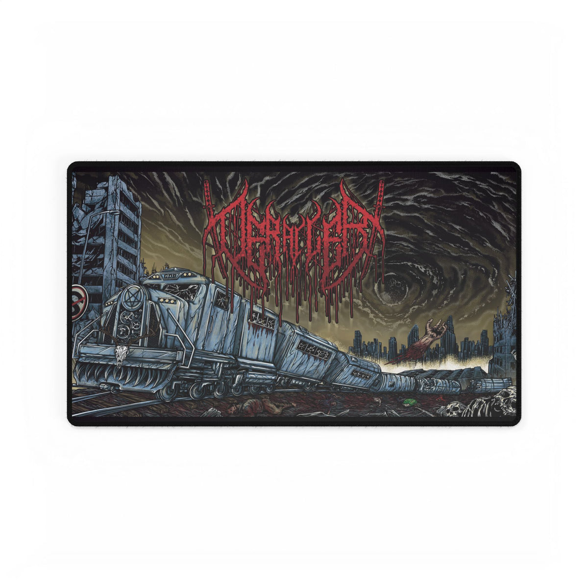 Post-Apocalyptic Cityscape Desk Mat — Dark Metal Band Logo Gaming Desk Pad