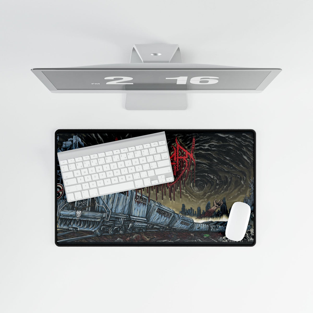 Post-Apocalyptic Cityscape Desk Mat — Dark Metal Band Logo Gaming Desk Pad