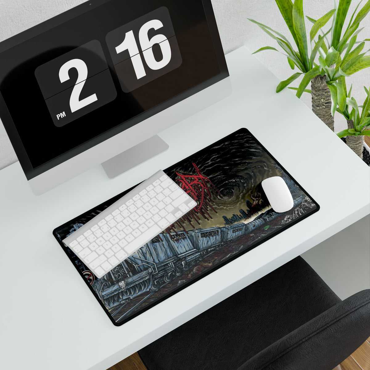 Post-Apocalyptic Cityscape Desk Mat — Dark Metal Band Logo Gaming Desk Pad